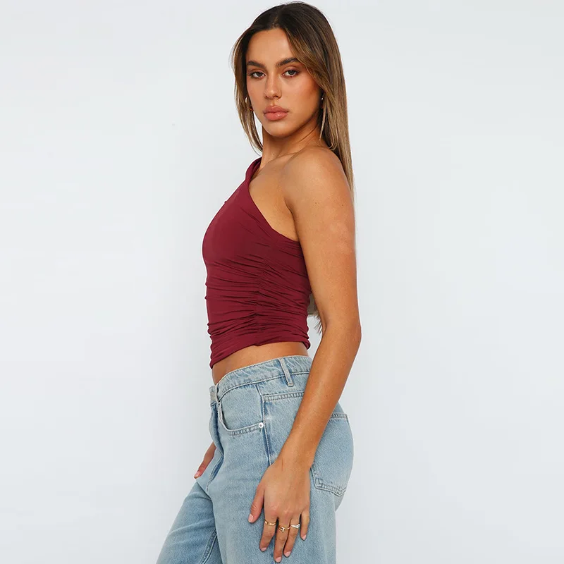 Einfarbig eine Schulter rücken frei schrumpfen Tank Top T-Shirt Süßigkeiten Farbe eng sexy ärmellose Hals ohne schlanke Casaul Top – Detail 12