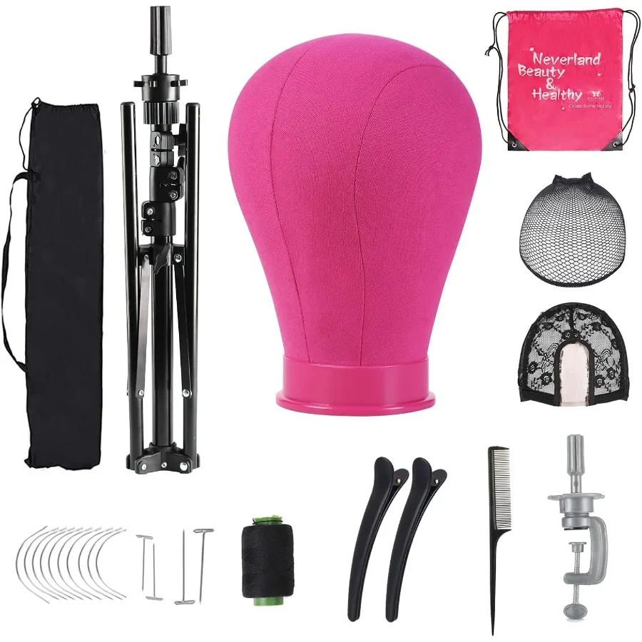 مجموعة رأس مانيكين ثلاثية القوائم قابلة للتعديل مع حامل شعر مستعار أحمر وردي لتطبيقات التجميل والتجميل مقاس 23 بوصة مع حامل رأس شعر مستعار مع