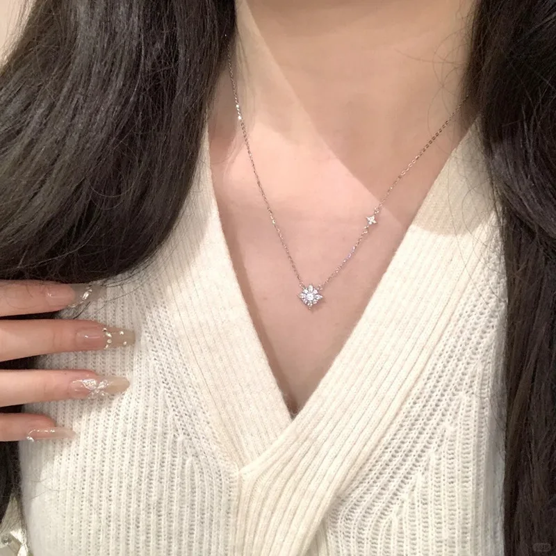 Exquisite Luxury 925 Sterling Silver Asymmetry Full Zircon Snowflake Pendant Necklace for Women Girls Jewelry Accessories Gifts #4