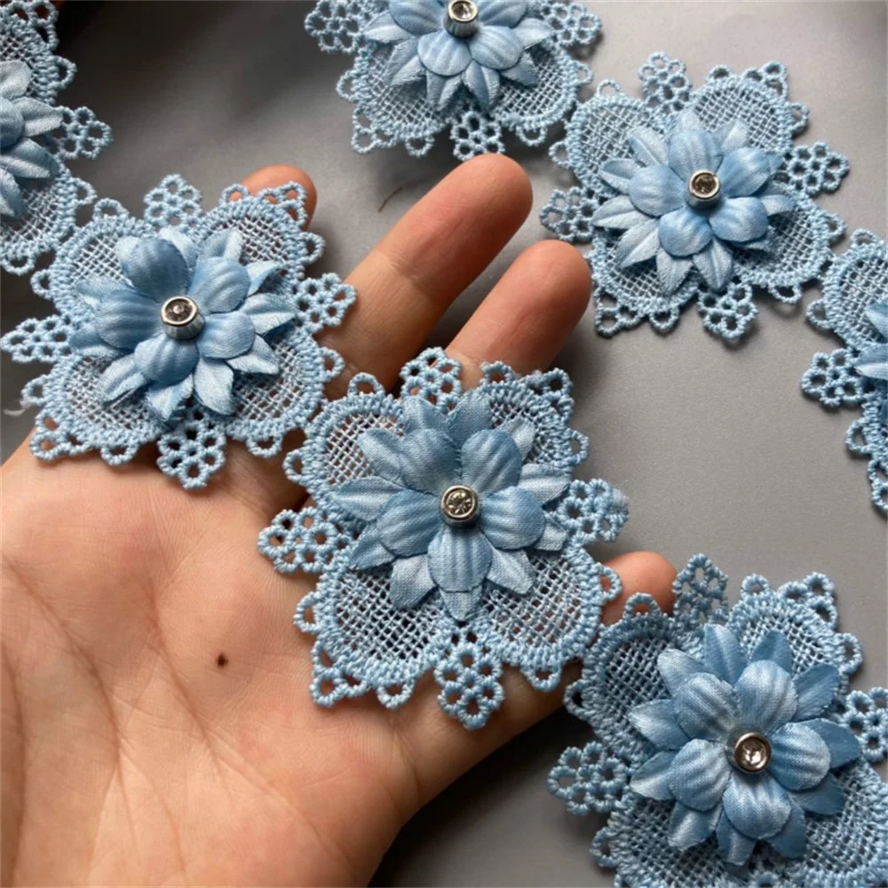1 yard Blue Pearl Beaded Embroidered Flower Lace Trim Floral Applique Patches Fabric Sewing Craft Vintage Wedding Dress New