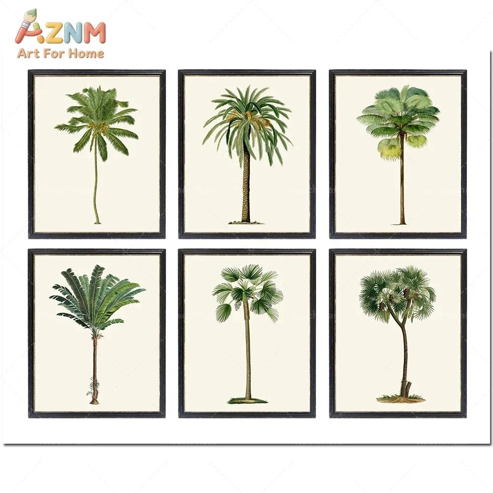 AZNM Vintage Date Palm Tree Botanical Art Print Unframed Canvas Wall Art Retro Tropical Plant Canvas Painting for Living Room Be
