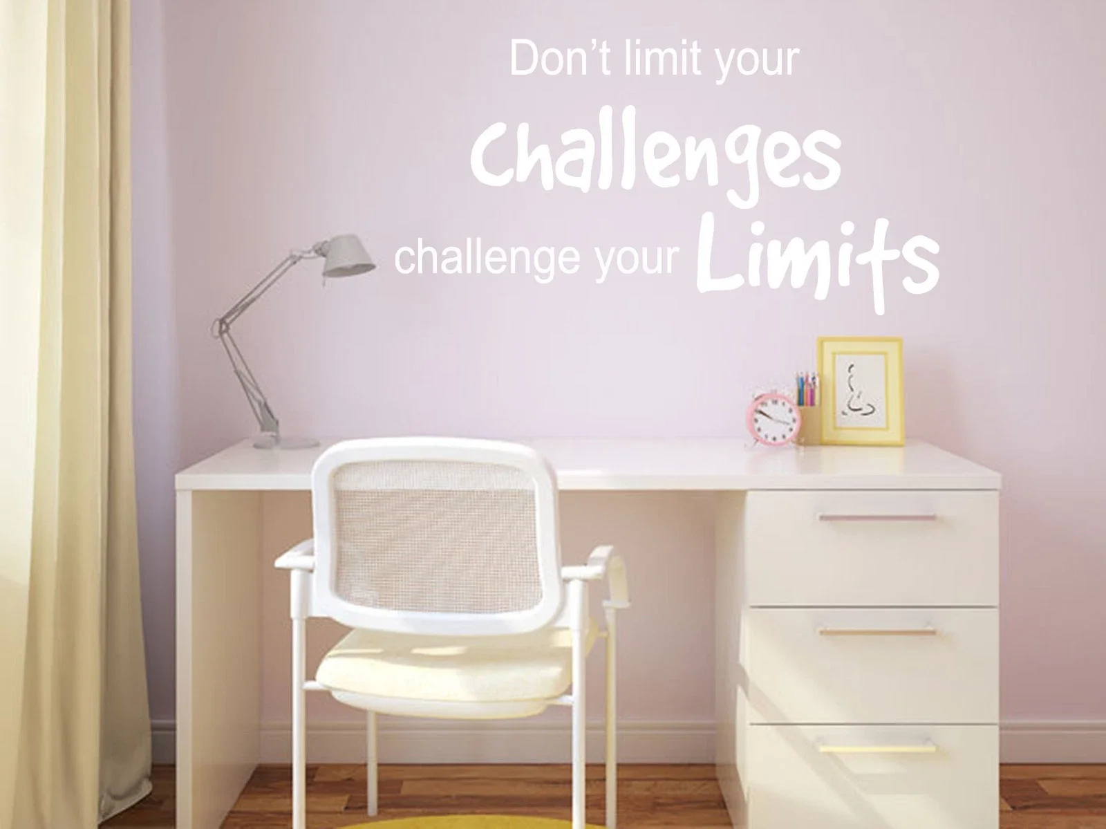 'Don't limit your challenges' wall art sticker, quote, vinyl transfer.