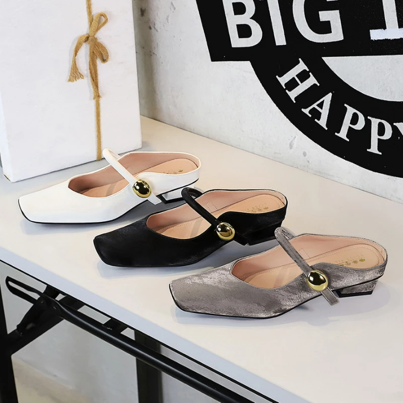 

European American Light-Mouthed Half-Slippers Women Wearing Thick Heels And Square-Toe Mary Jane Shoes Temperament One-Strip
