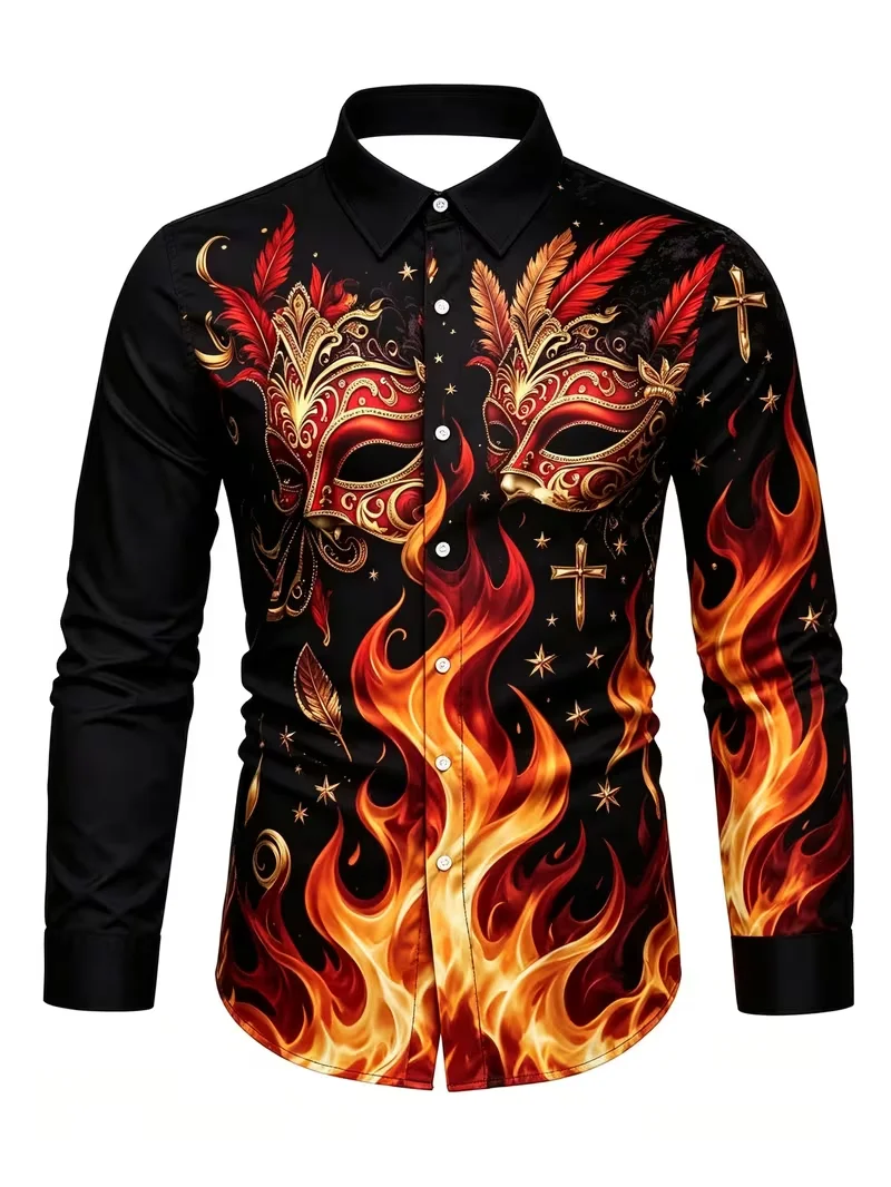 New men's Island Coconut Tree Tropical Flower Sea View Printed Long Sleeved Shirt With Matte Drape Collar Top