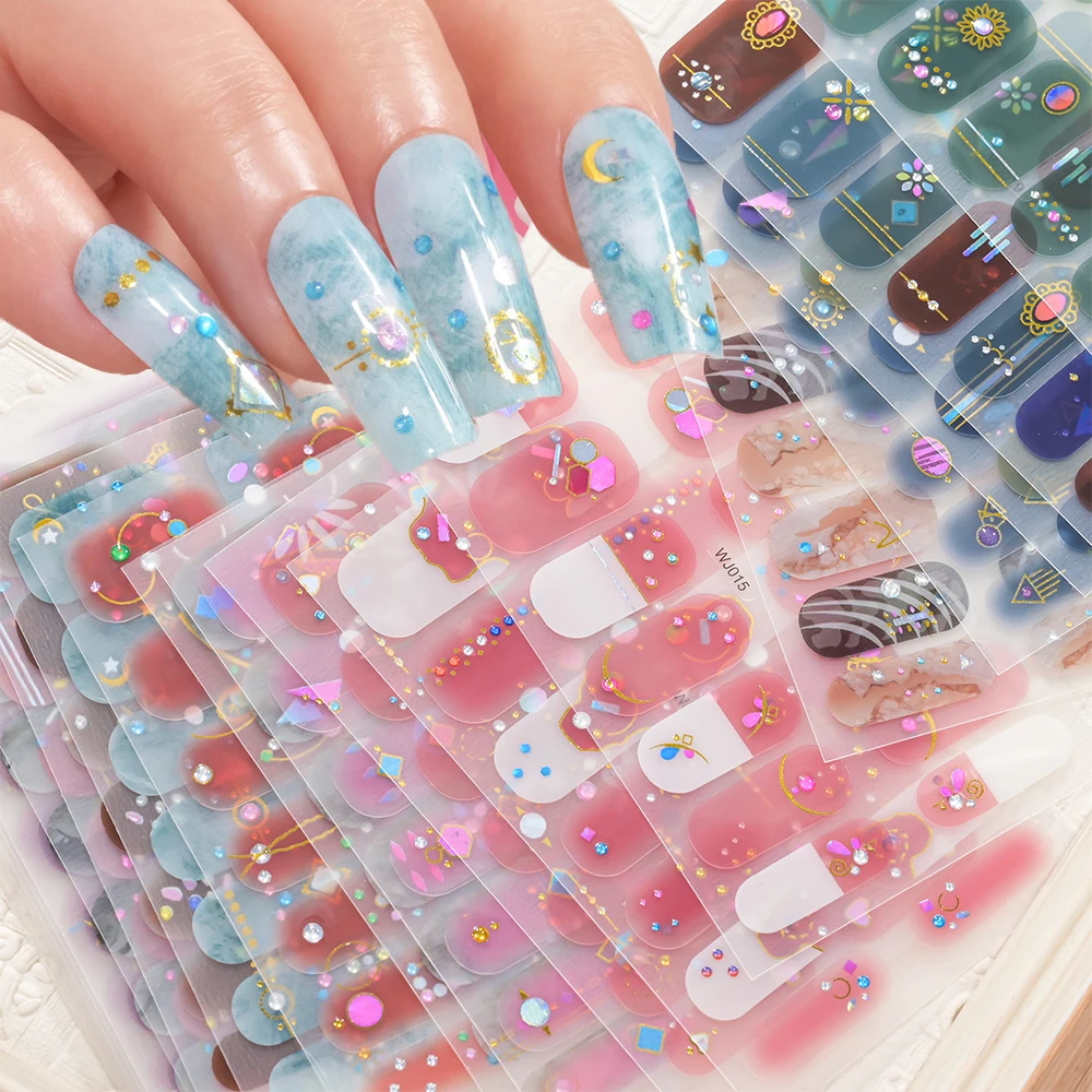 

14Tips Glitter Bake Free Gel Nail Polish Sticker 3D Blue Pink Brown Adhesive Full Cover Nail Wraps Manicure Art Decal Nail Patch