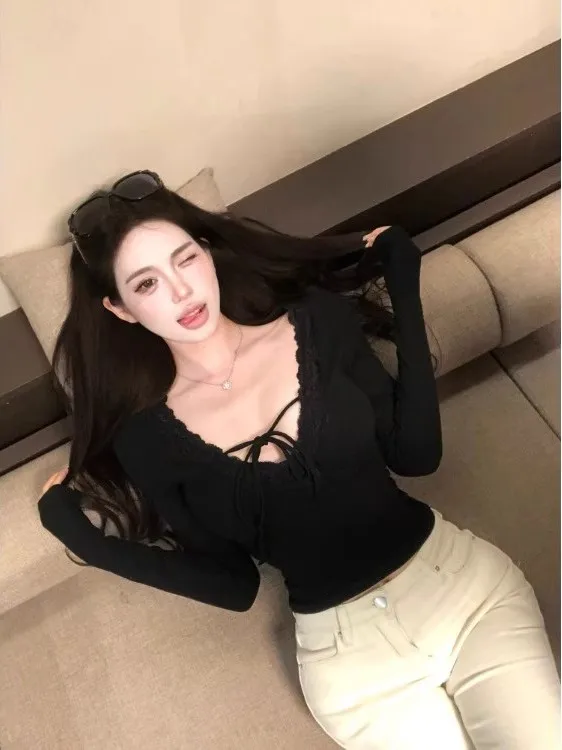 

Футболка Bla Lace Splice V-Ne Long Sve, женская зимняя сексуальная футболка ort Fit, внутренняя одежда, модный женский топ