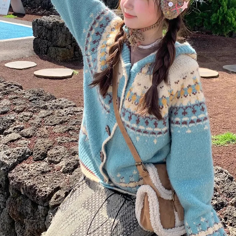 Fair Isle Cardigan feminino novo vintage padrão de Natal casaco de malha gola alta jaqueta quente de grandes dimensões