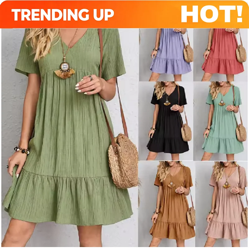 Women Casual Short Sleeve V Neck Ruffles Dress Solid Elegant Loose Mini Dress Chic Bohemian Sundress Beach Party Vestidos