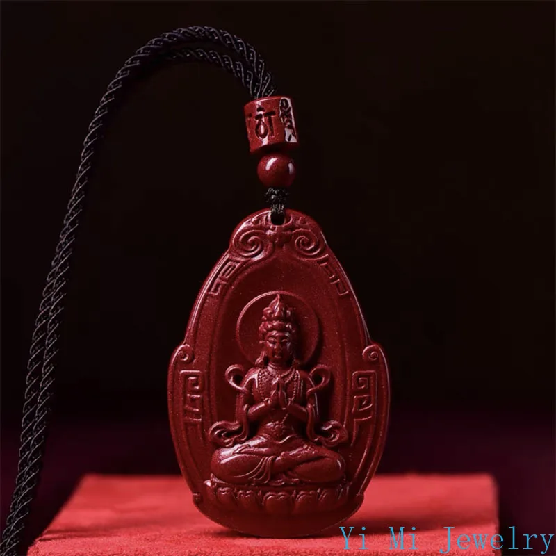 

Natural Cinnabar Guanyin Pendant Feng Shui Guardian God Red Purple Gold Sand Fashion Necklace Pendant for Men and Women