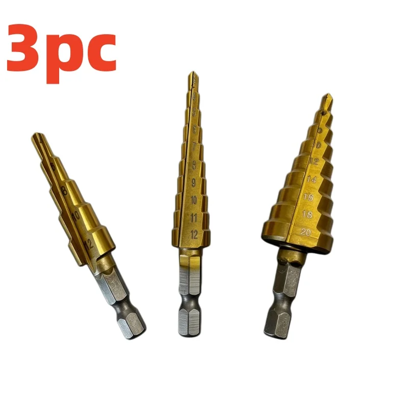 3Pcs Titanium Step Drill Bit Set, Hex Shank High Speed Steel Cone Hole Cutter, Multiple Sizes Step Down Drill for Metal Wood PVC
