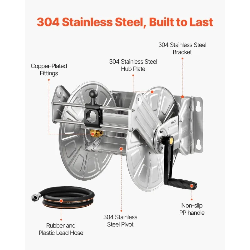 بكرة خرطوم الحديقة المثبتة على الحائط بطول 150 قدمًا 5/8 في دليل خرطوم تركيب نحاسي