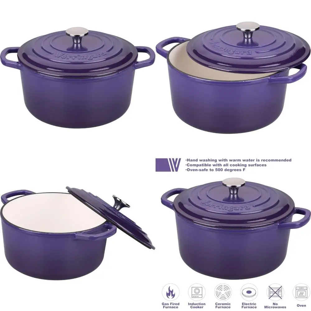 

Фиолетовый 6-квартный круглый эмалированный чугунный голландский горшок для духовки с крышкой для любителей выпечки и выпечки хлеба на закваске