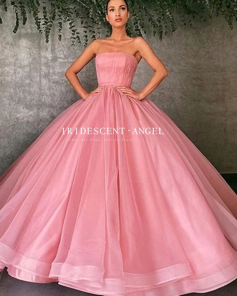 

IRIDESCENT Light Pink Strapless Long A-Line Charming Evening Dresses Robe De Soiree For Women Prom Graduation Party Gown