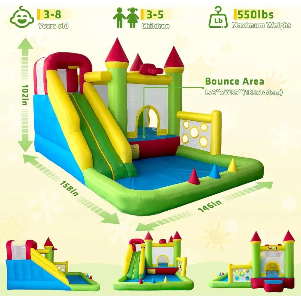 Springkasteel voor kinderen 3-6, 8-in-1 Iatable Springkasteel met glijbaan, Blower, Ballenbak, Klimmuur, 12x13x8.5FT Springhuis voor