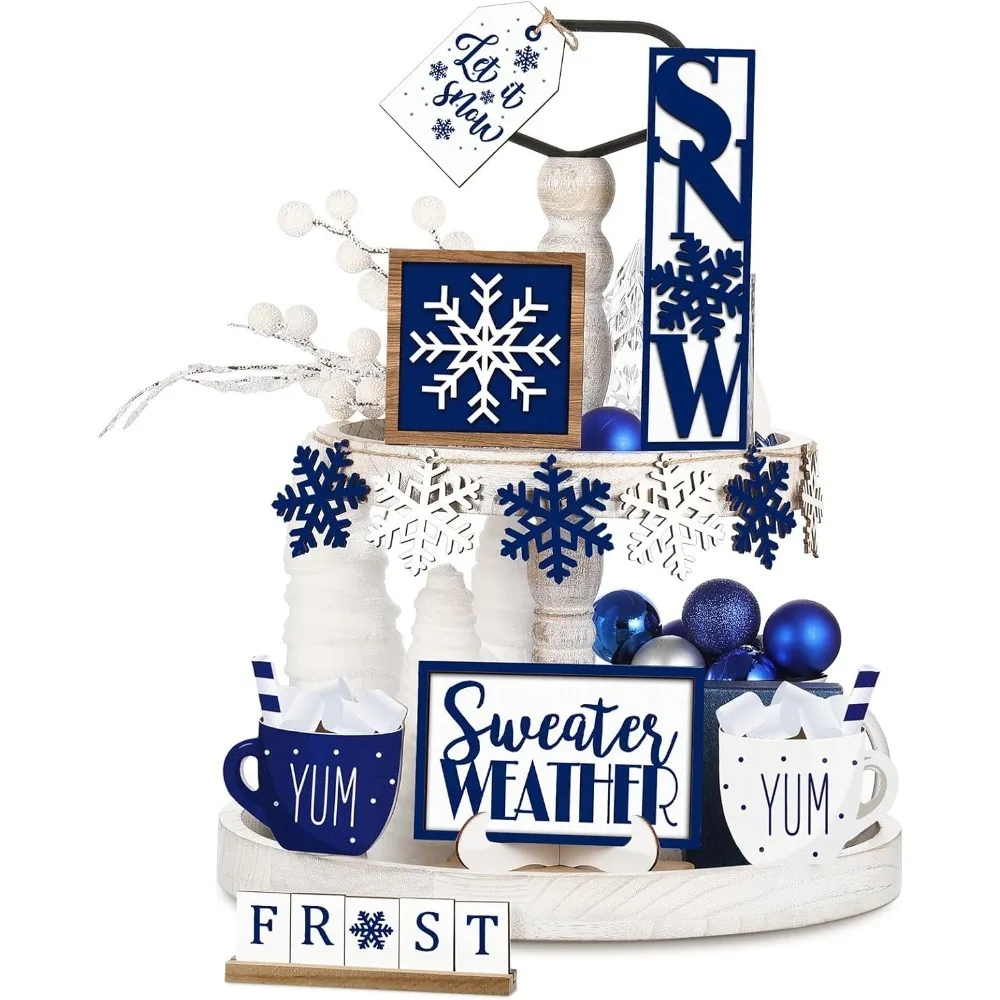 

12 Pieces Winter Tiered Tray Decor Set Snowflake Wooden Sign 'Let It Snow' Farmhouse Coffee Bar Table Decorations