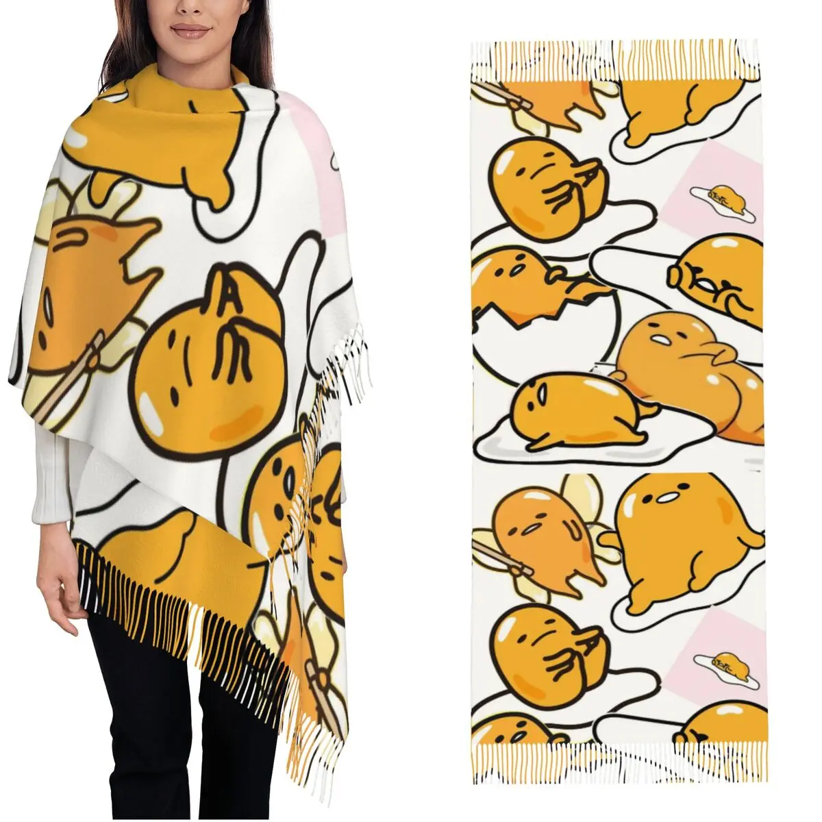 Gudetama Cute Egg Cartoon Scarf for Women Warm Winter Pashmina Shawl Wrap Long Large Scarves with Tassel Lightweight