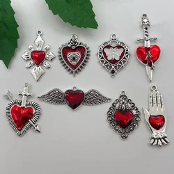 10pcs Mixed Silver Plated Enamel New Gothic Style Sacred Heart Alloy Pendant DIY Charms Earrings Necklace Jewelry Crafts Making