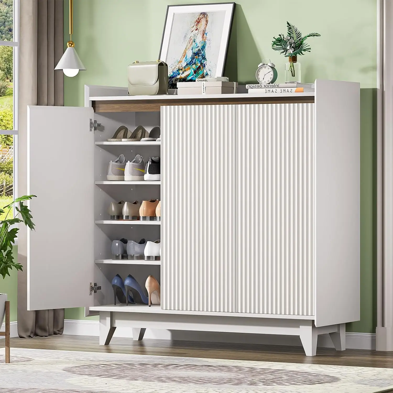 

Wave Fluted Shoe Storage Cabinet with 3 Doors, 6-Tier Shoe Cabinet with Adjustable Shelves, 43.7”H Tall Shoe Cabinet Storage