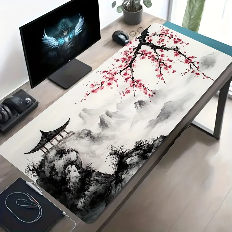 

Коврик для мыши с рисунком в стиле туши и акварели: Вишневый цвет, большой игровой коврик, нескользящая резиновая основа, защита для рабочего стола, для офиса и игр