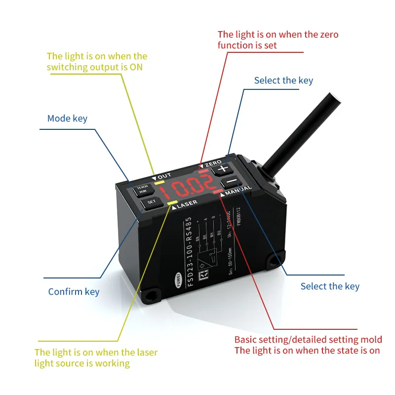 FSD23-100-RS485 LED Digital Display High Accuracy 100mm Laser Measuring Displacement Sensor Digital Distance