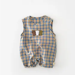 2026 New Plaid Cartoon Bear Print Summer Newborn Baby Jumpsuit Overall Sleeveless Infant Boys Girls Romper for 0-2 Years