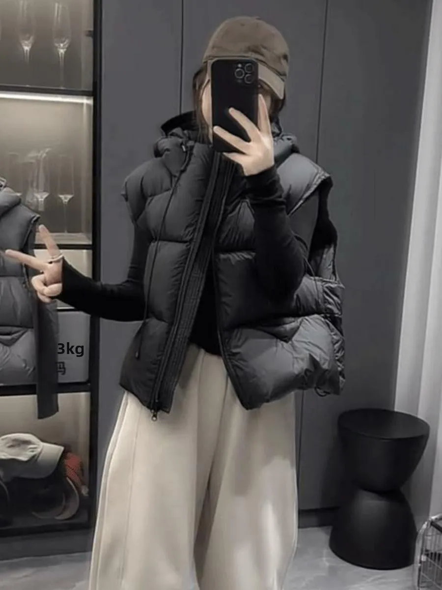 

Lightweight Fluffy Hooded down Vest Women's Autumn Winter New Small Size Slimming Warm Shoulder Pad Vest Trendy Zipper Style
