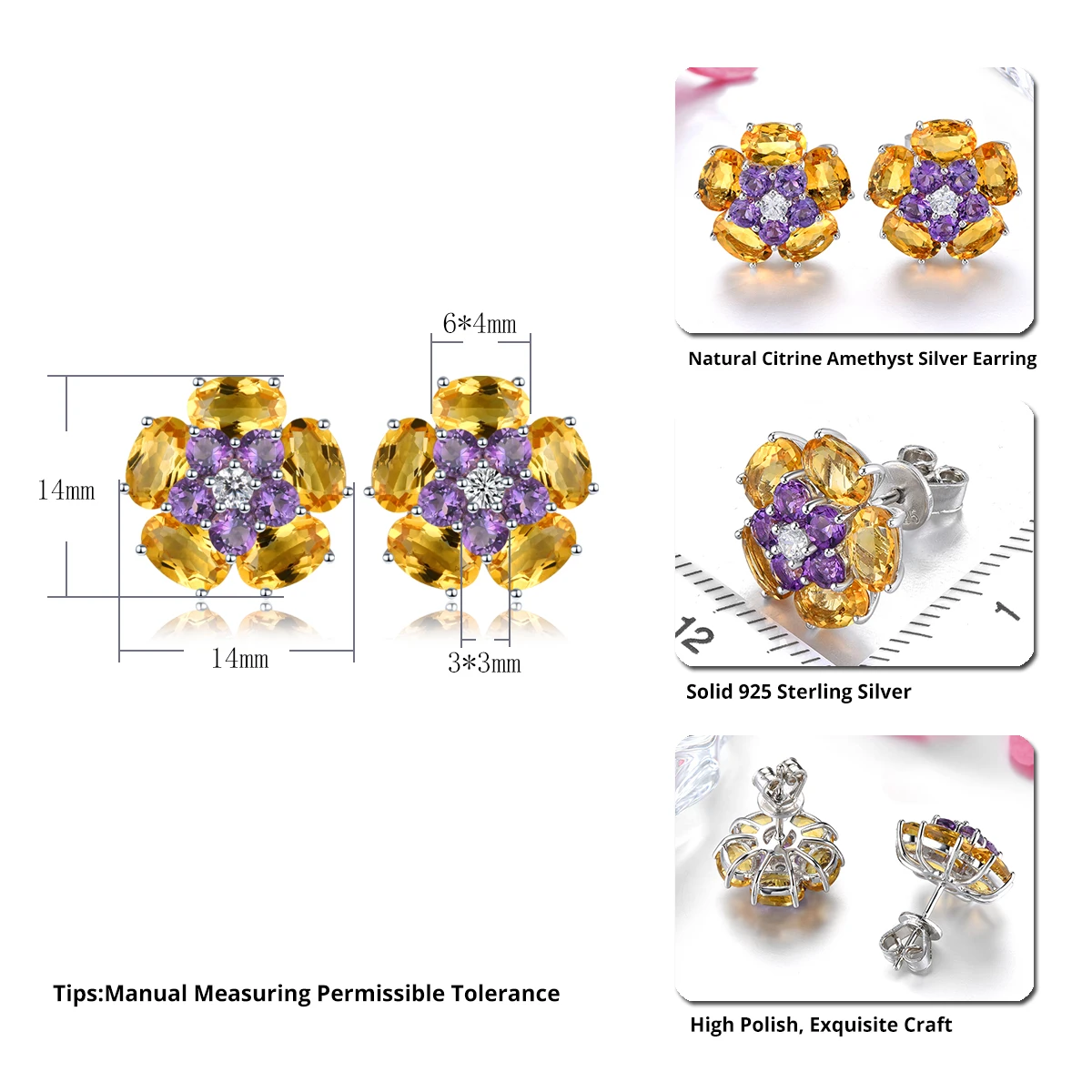 Natural Citrine Amethyst Sterling Silver Stud Earring 5.5 Carats Genuine Multicolor Gemstone Women Romantic Style Jewelry Gifts