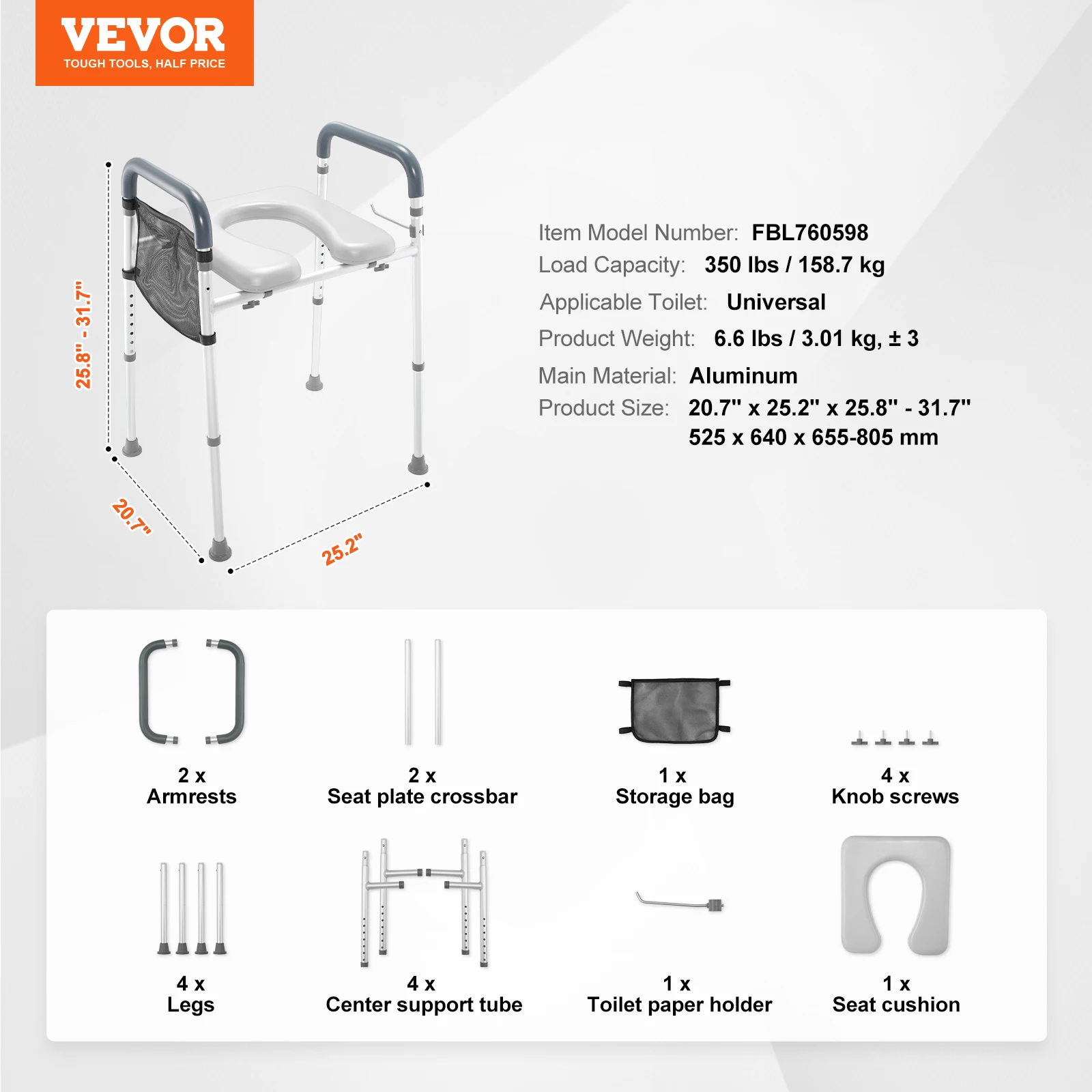 SucceBuy verhoogde toiletbril 7-positie hoogteverstelling 19,3" - 25,2" 350 lbs draagvermogen met comfort gewatteerd aluminium frame
