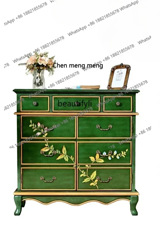 cc182RAmerican rural painted shoe cabinet solid wood living room with drawers locker retro green porch small apartment side cabi