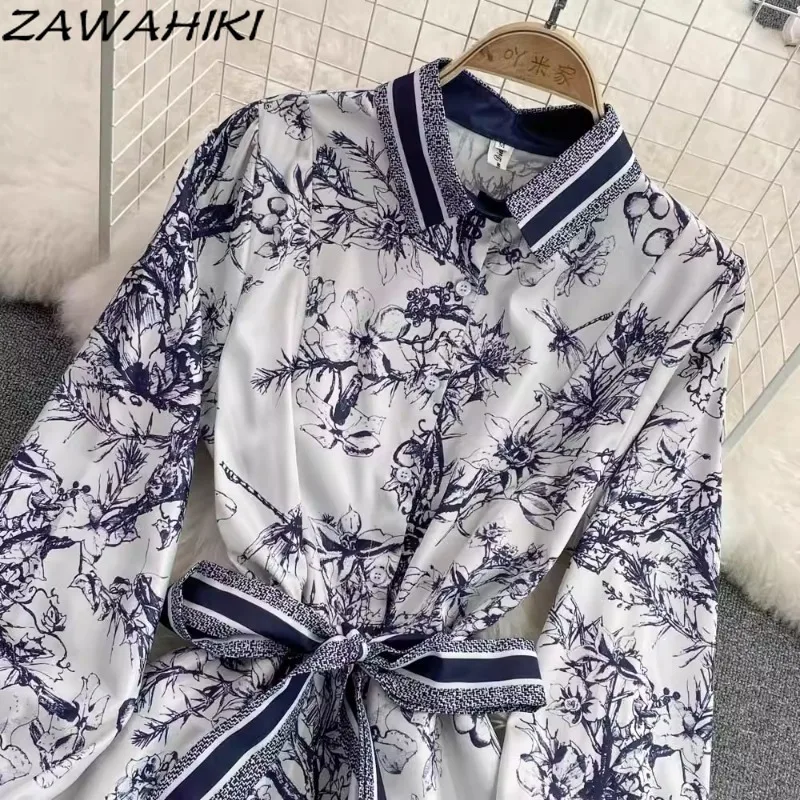 Gaun panjang wanita Vintage perban temperamen cetak jubah perempuan kantor wanita berlipat kancing Vestidos desainer kasual Ropa Mujer