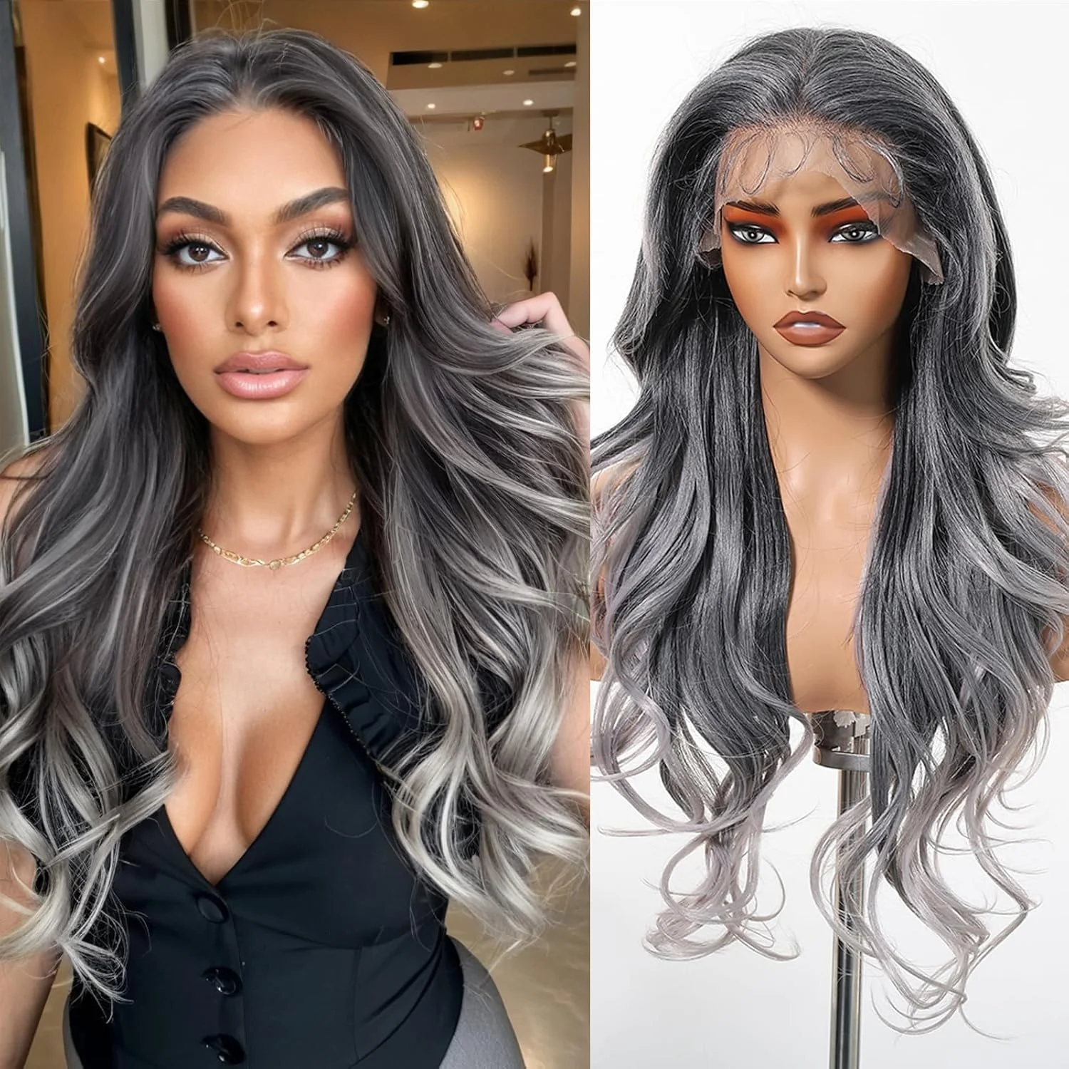 

13x6 Wigs HD Synthetic Lace Front Wig Pre plucked Hairline with Baby Hair 28inch Long Body Wave Gray Lace Front Wigs for Women