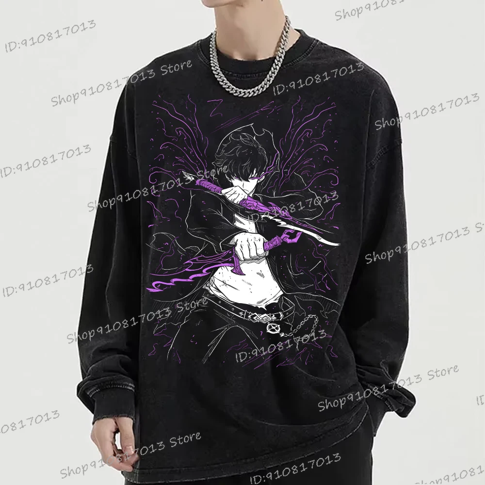 

Solo Leveling Long Sleeve T-shirt Men Anime Sung Jinwoo T Shirt Vintage Washed Cotton Tee High Quality Anime Manga Fans Shirts