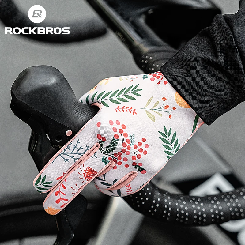 ROCKBROS Cycling Gloves Long Finger Touch Screen Mountain Bike Road Bike Full Finger Female Spring Autumn Pink Cycling Equipment