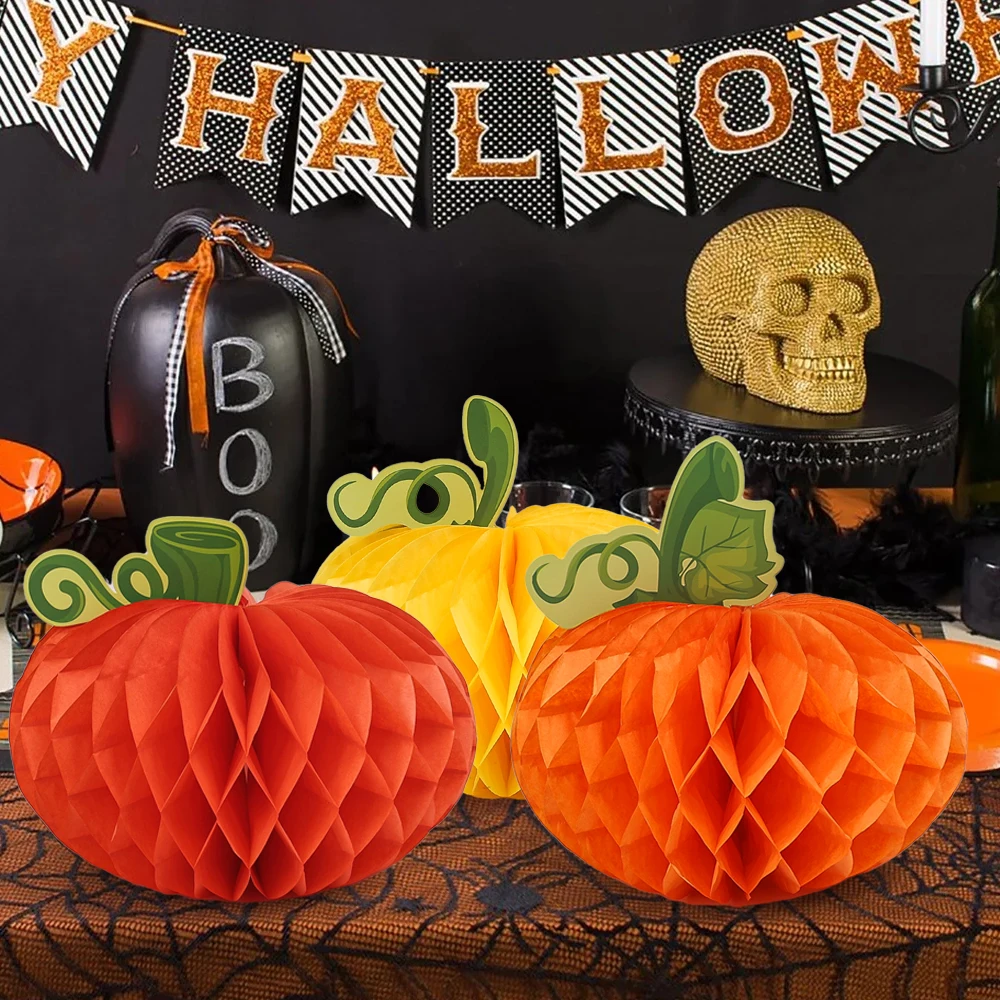 Bolas de panal de calabaza coloridas para Halloween, adornos decorativos de papel hechos a mano, 3 piezas