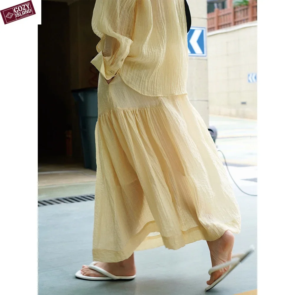 

Summer Yellow Skirts for Women Pleated Long Flower Bud A-line Skirt New Romantic Skort Elastic High Waist Korean Fashion Clothes