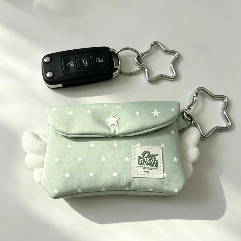 Coin Purse,Angel Wings Star Polka Dot Print Canvas Flap Small Wallet,Cute Lightweight Portable Card Holder,Storage Pouch