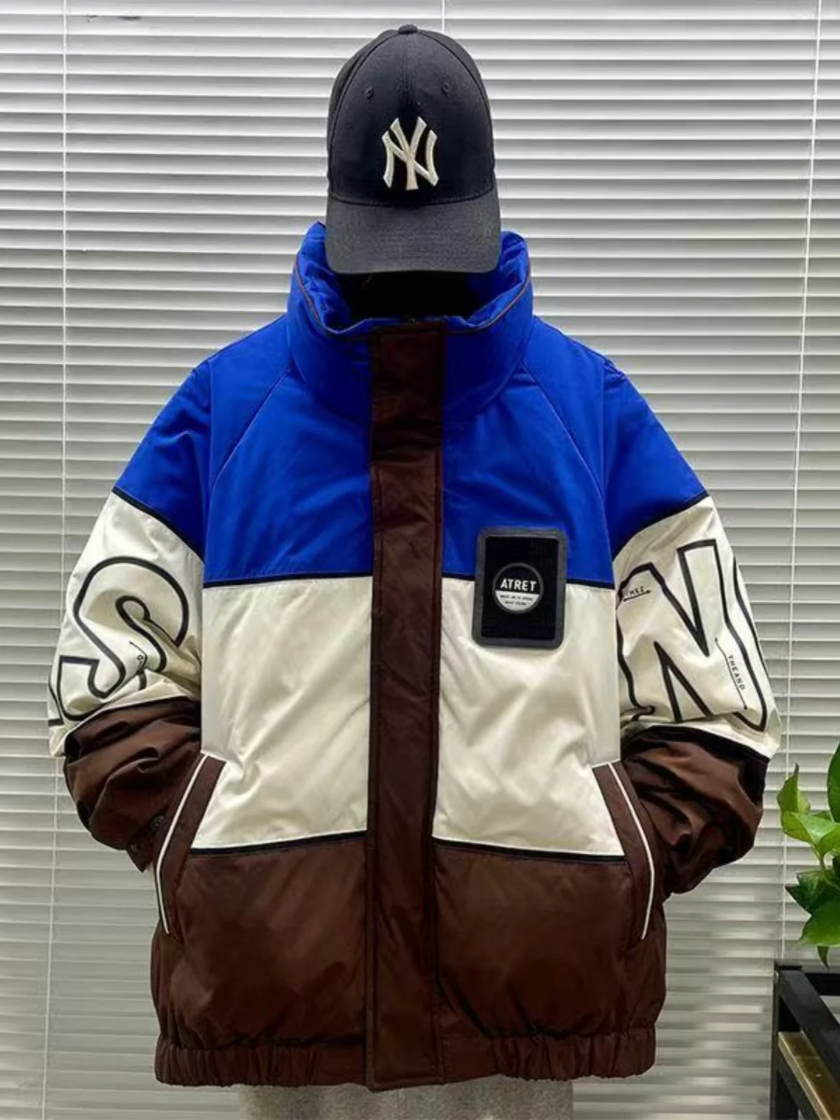 

2024 Winter New Men's Patchwork Color Blo Collar ort American Casual Loose Letter Print Sli Trendy Cotton Jaet