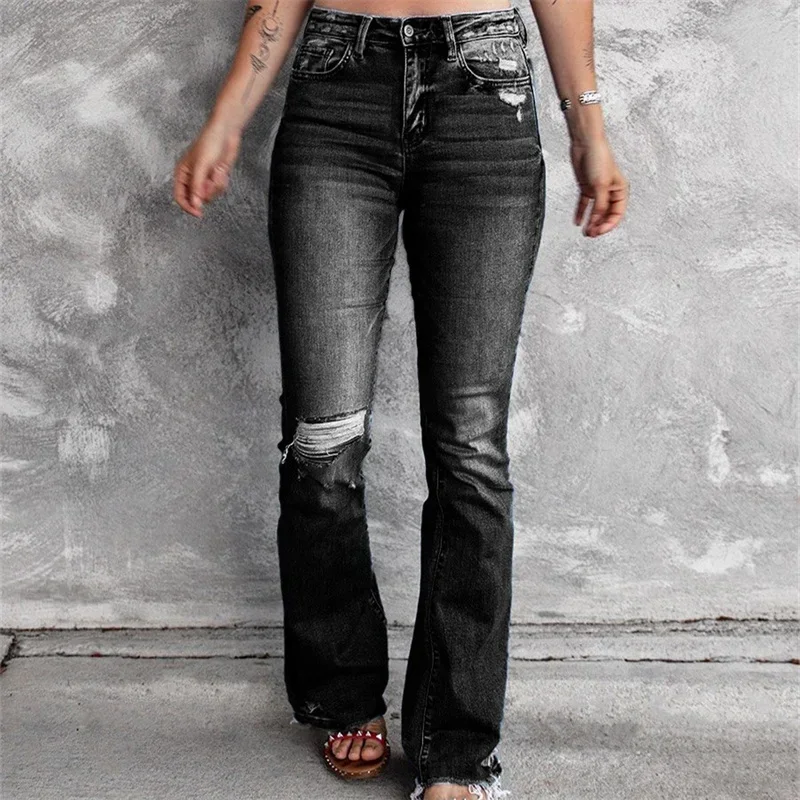 

Vintage Broken Holes Flared Jeans Streetwear High Waist Washable Cotton Denim Trousers Button Pants For Women New American Style