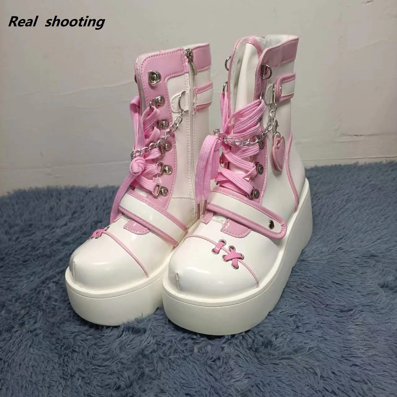 Lolita Shoes Boots Woman Winter 2023 Platform Heels Women\'s Mid Calf Booties Gothic Pink Kawaii Chain JK Cosplay Japanese Style