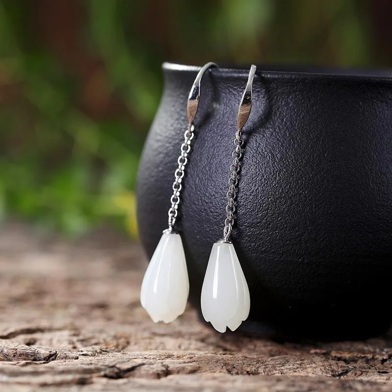

New in 925 Silver Natural Hotan White Yulan Flower Earrings for women Fresh and Simple Long Earings Banquet Jewelry gift