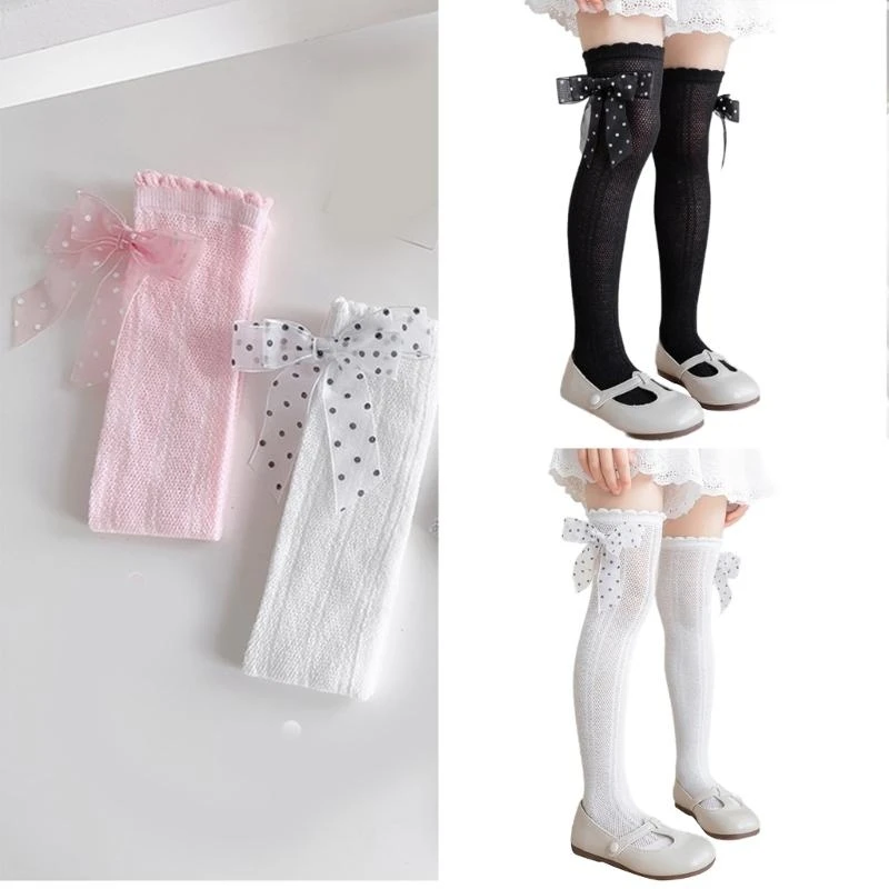 M76C جوارب ناعمة وقابلة للتنفس للفتيات فوق الركبة طول الجوارب القطنية الدانتيل الكشكشة Bowknot جوارب أنبوبية لأسلوب حلو