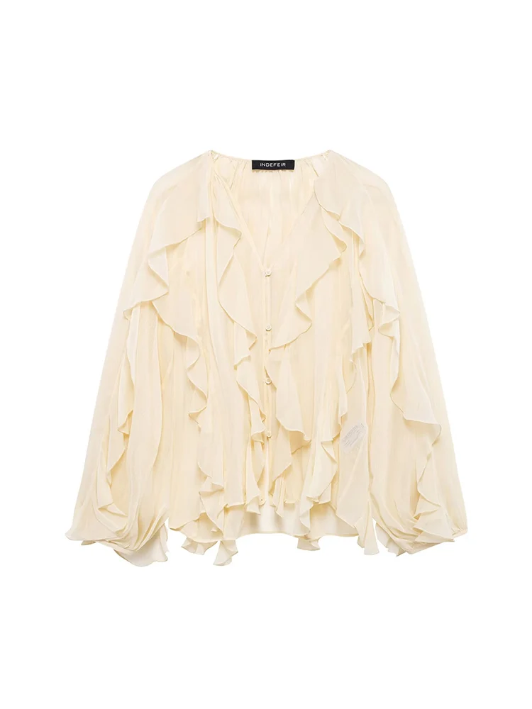 KUCLUT Camicetta monopetto con volant tinta unita moda donna Camicie da donna chic con scollo a V vintage a maniche lunghe