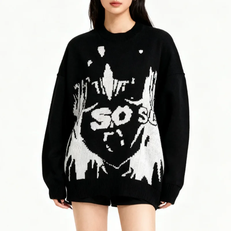 الأمريكية الشرير الهيب هوب الاتجاه عادية كسول طويلة الأكمام تريكو 2000s الخريف الشتاء موضة المرأة المعتاد البلوز س الرقبة سترة #3