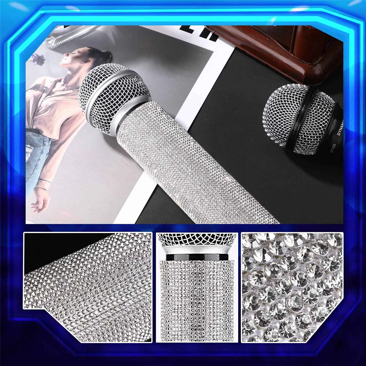 Cubierta de mango de micrófono, funda de mango de micrófono con diamantes de imitación brillantes para fiestas y programas de televisión, para la mayoría de micrófonos inalámbricos, plateada