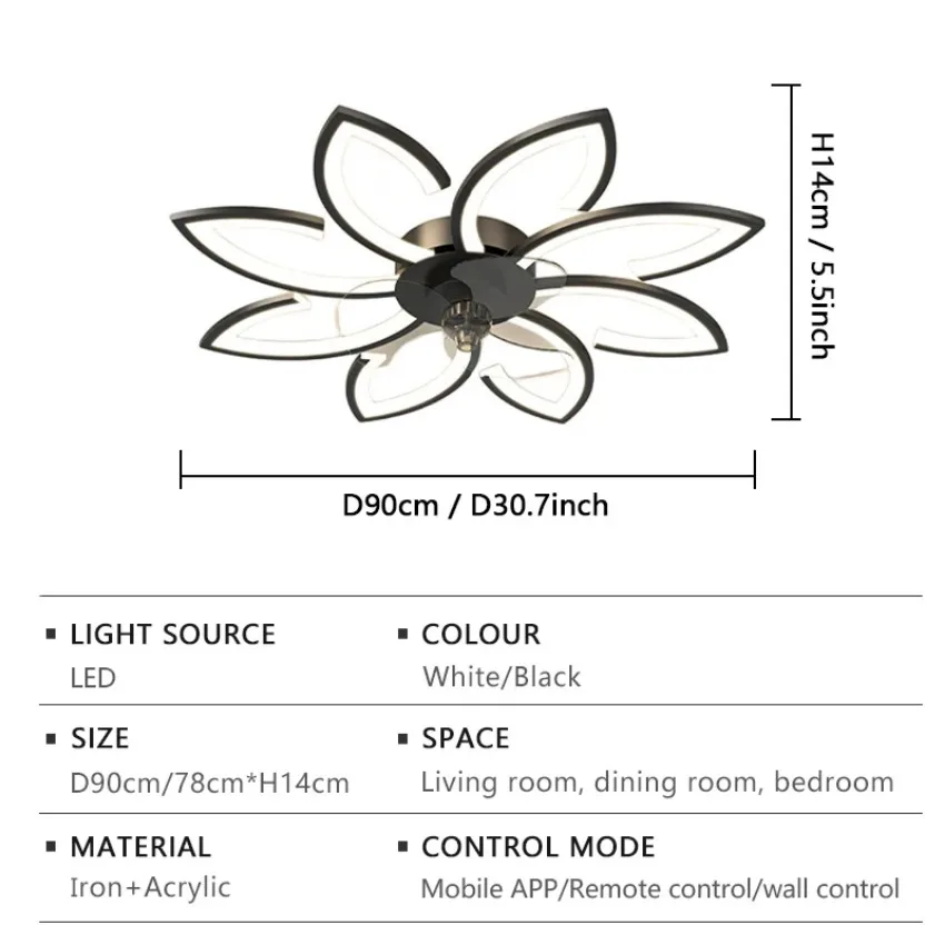 Modern LED Ceiling Fan Light Intelligent APP with Remote Control Adjustable Lighting Fixtures Suitable for Living Rooms Bedrooms