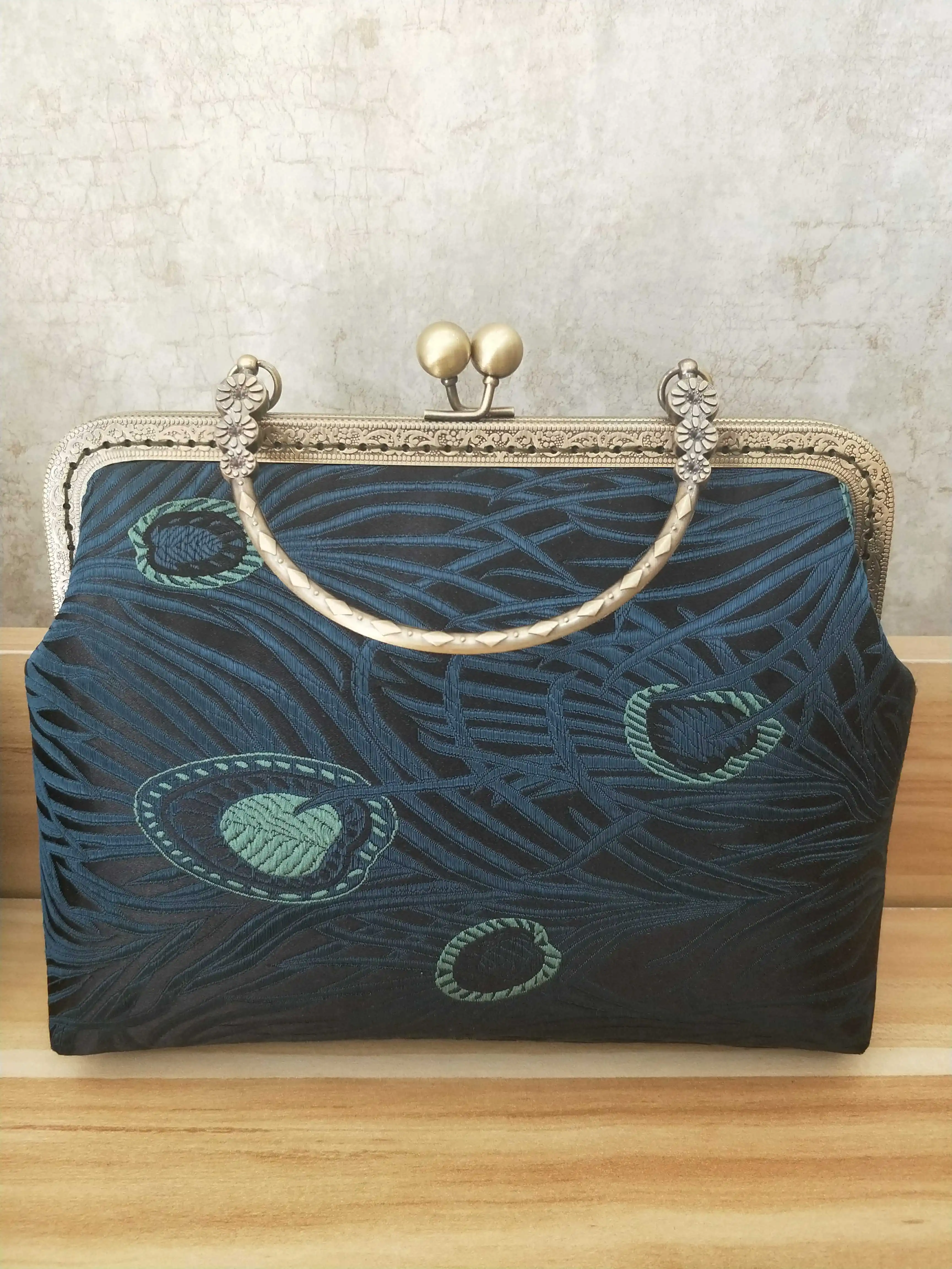 Lost in Vintage Bridal Clutch Purse Made From Mermaid Feathers Brocade Fabric Gold Frame Pearl Kiss Lock Clasp Formal Party