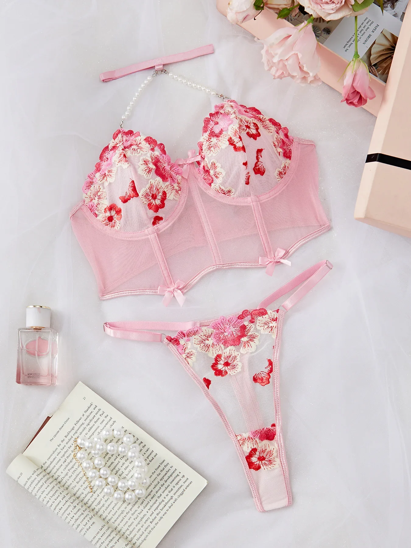 Ensemble de Lingerie Sexy en Dentelle Rose pour Femme, en Maille, Couleur Unie Trempée, Broderie de Fleurs, NikTransparent