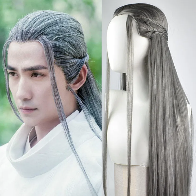 Anime Cosplay Hair For Men Long Straight Antique Swordsman Hair With Braid Retro Style TV Movie Photography Warrior Headdress