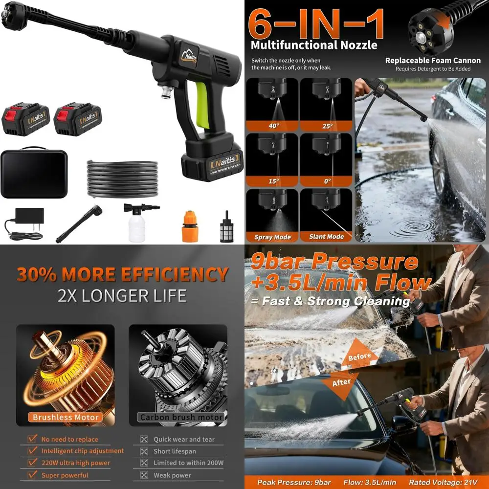 

Аккумуляторная мойка высокого давления 21В, 1200 PSI, с 2 аккумуляторами 4.0 Ач, 40 минут работы, давление 9 бар, насадка 6-в-1, идеально подходит для автомобиля, патио