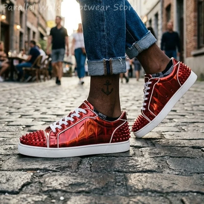 Red Spiked Sneakers Men Metallic Patent Leather Lace Up Shoes Shiny Studded Low Top Casual Flats Party Streetwear Mens Footwears